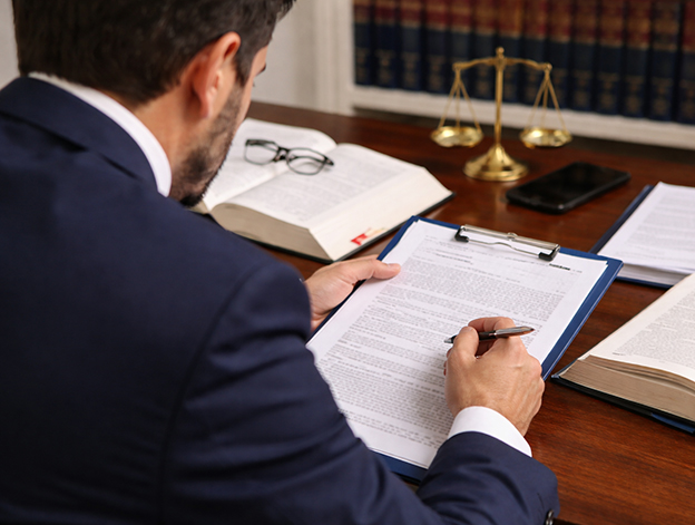 Anàlisi jurídica en cas de responsabilitat civil per accident de trànsit Advocat revisant documentació legal sobre responsabilitat civil i accident de trànsit en despatx professional