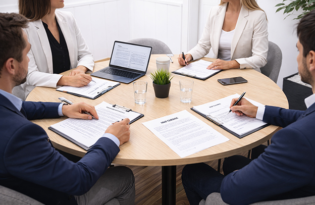 Reunió de l’equip jurídic en accident de trànsit Equip especialitzat en accidents de trànsit reunit analitzant informes en despatx professional