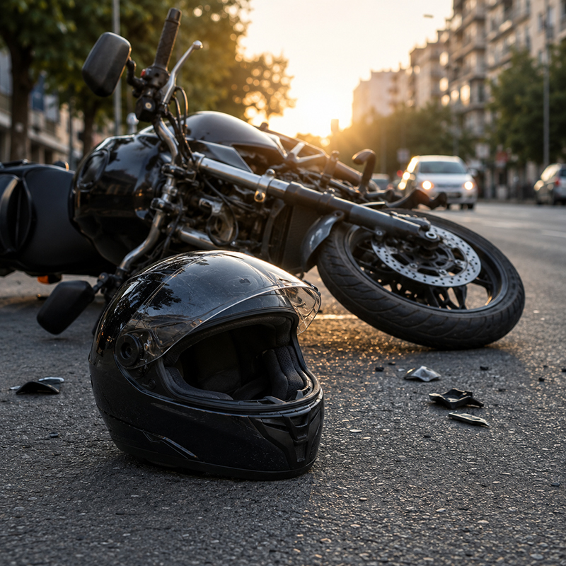 Advocat accident de moto Barcelona mòbil. Motocicleta accidentada a Barcelona amb un casc sobre la calçada després d’una col·lisió de trànsit.