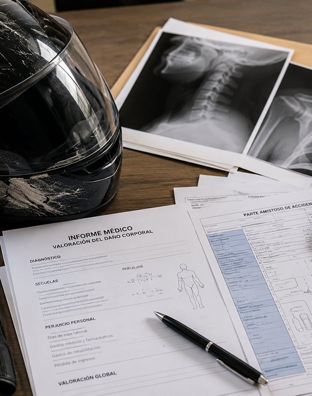 Documentación médica, casco de motocicleta y valoración de lesiones para reclamar una indemnización por accidente de moto en Barcelona