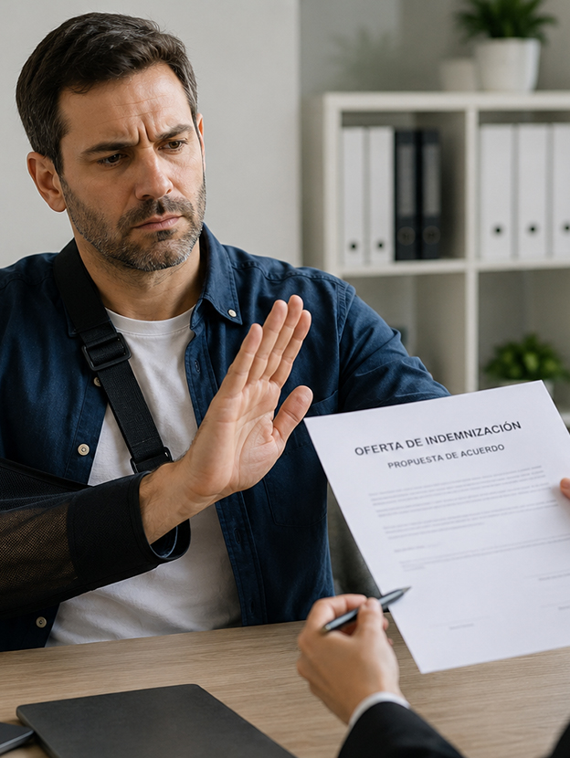 Revisió d’oferta de l’asseguradora per accident de moto a Barcelona. Motorista lesionat revisant una oferta d’indemnització de l’asseguradora després d’un accident de moto a Barcelona.