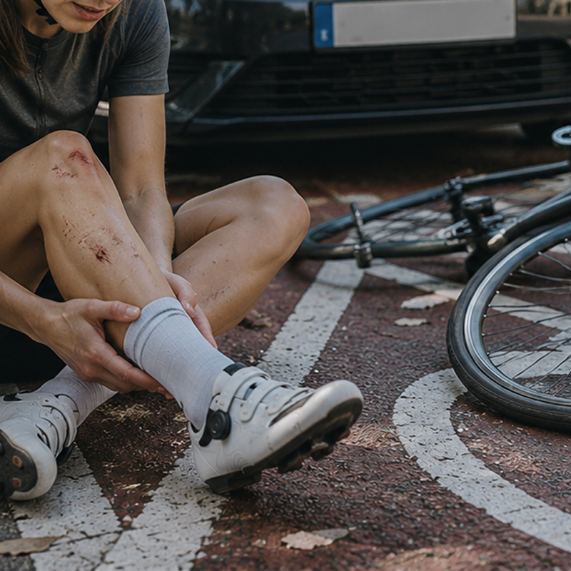 Abogado accidente bicicleta Barcelona móvil Ciclista lesionada tras un accidente con un coche en Barcelona. Imagen para la versión móvil del servicio de abogado especialista en accidentes en bicicleta.
