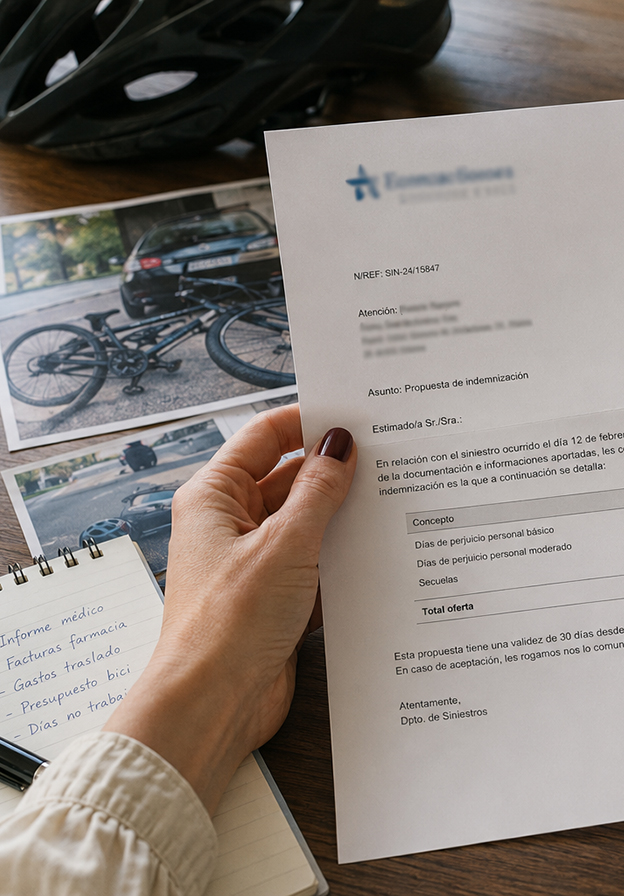 Revisión de la oferta de la aseguradora tras un accidente en bicicleta Oferta de indemnización de la aseguradora revisada tras un accidente en bicicleta con documentación médica y presupuesto de reparación.